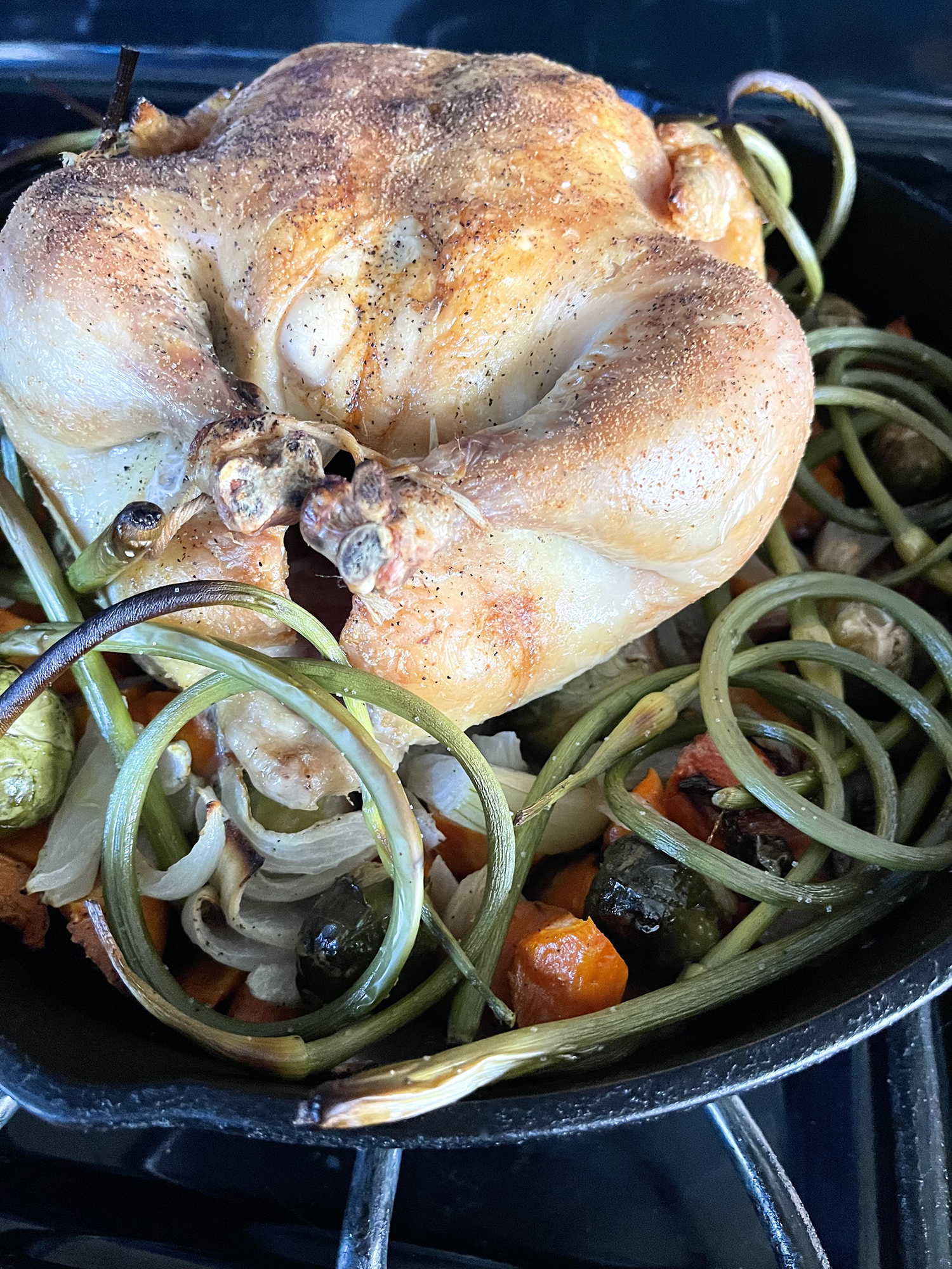 Roasted Chicken with Garlic Scapes