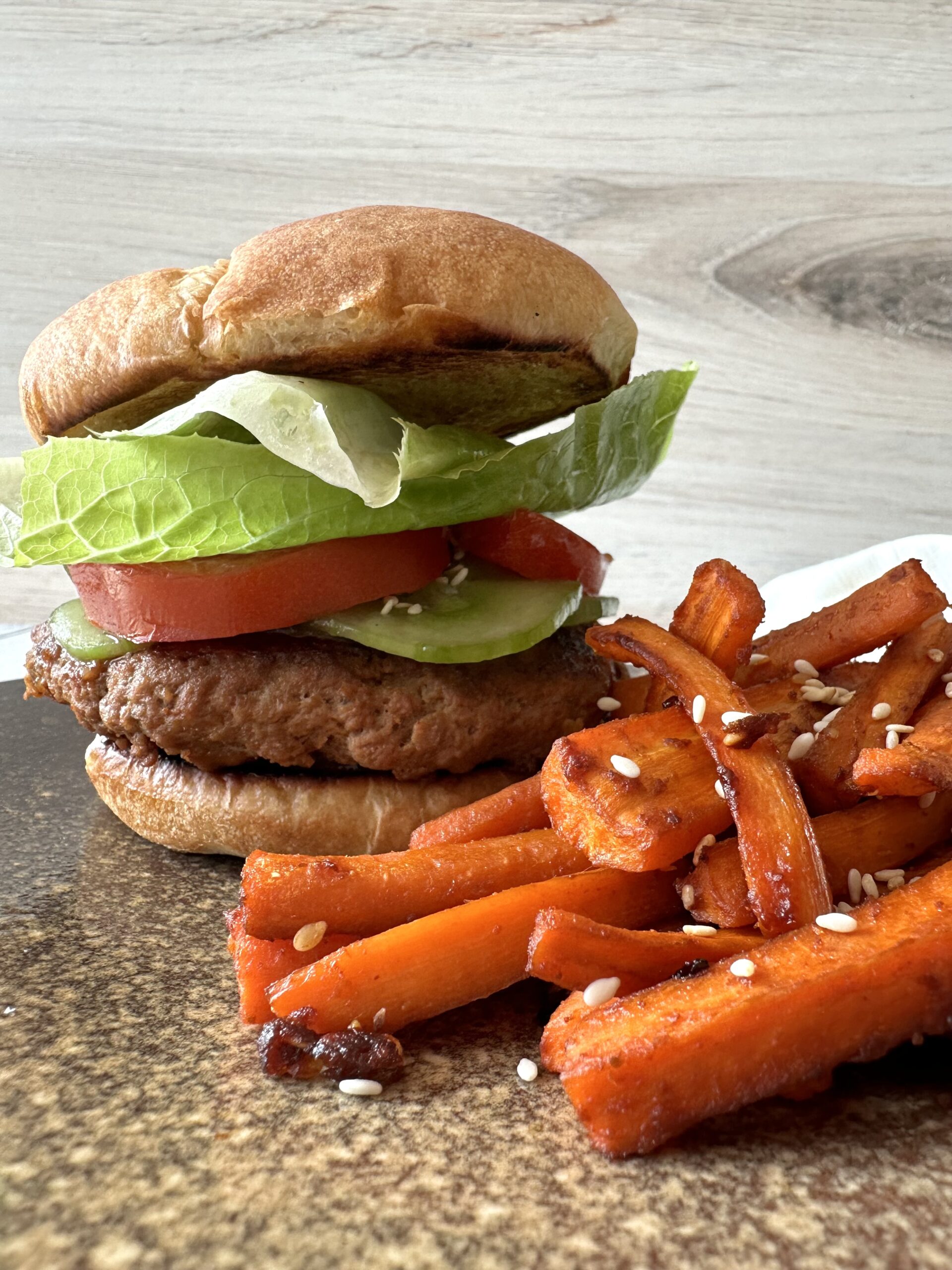 Gochujang Burger with Roasted Carrot Fries