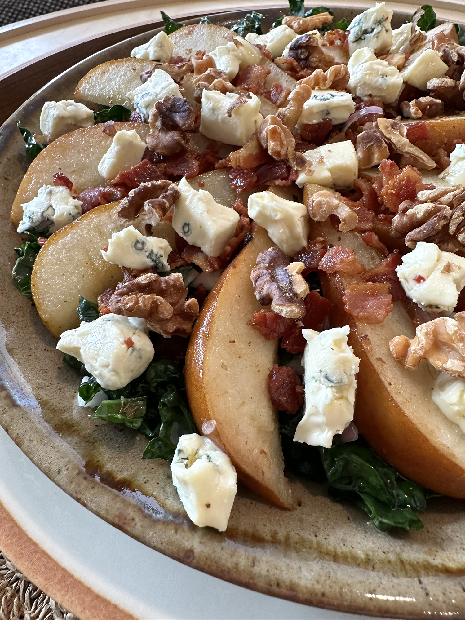 Sautéed Pear Kale Salad with Bacon and Cambozola